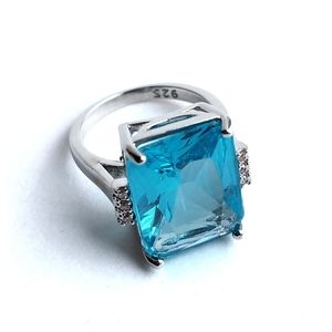 925 Silver Aqua Colored Emerald Cut Ring Cocktail Statement
